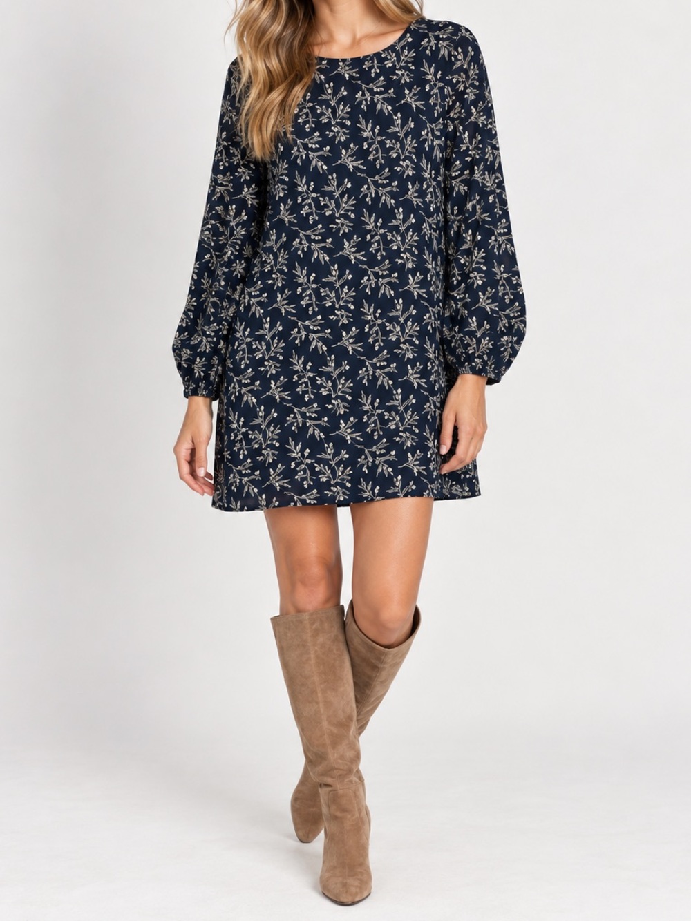 H&M Long Sleeve Shift Mini Dress Navy Blue Whimsy Vintage Wildflower Print US 8